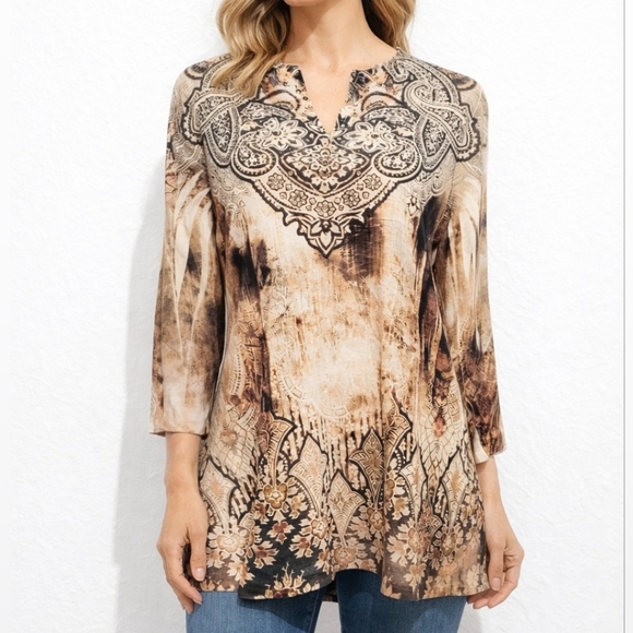 Chico's Tops - Chico's (1) Womans Tunic Top Jeweled/Beaded Brown Paisley Made In USA Size Small